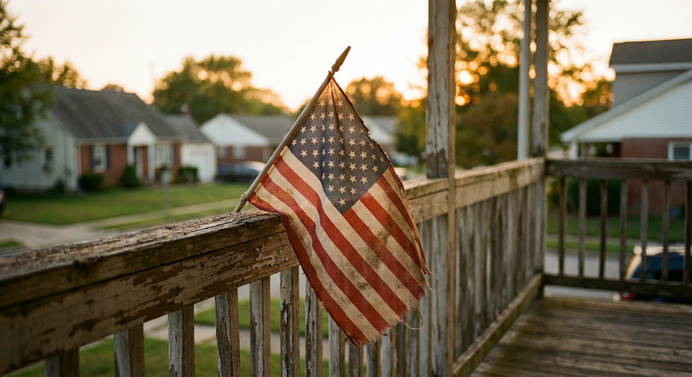 American flag on a suburban porch at sunset