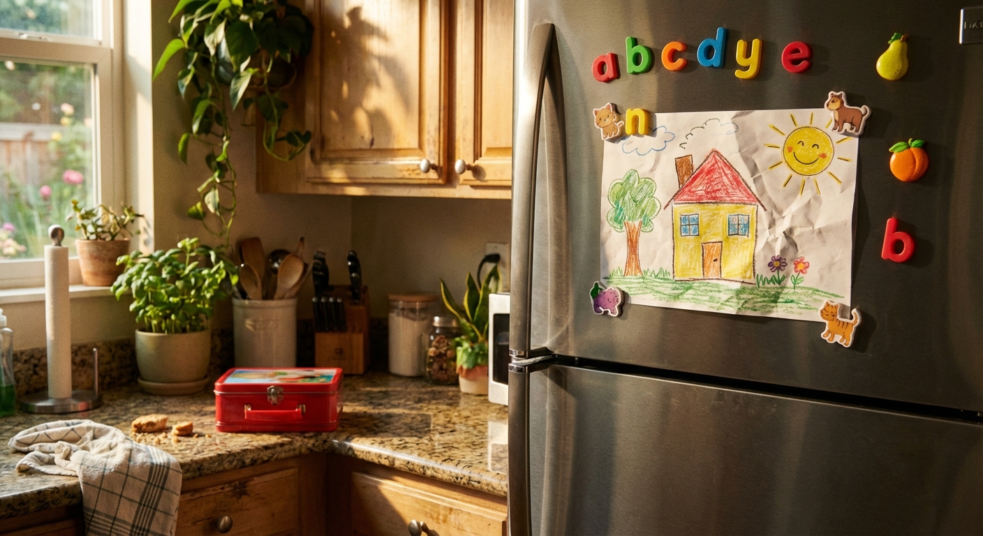 Child's drawing on a kitchen fridge with morning light
