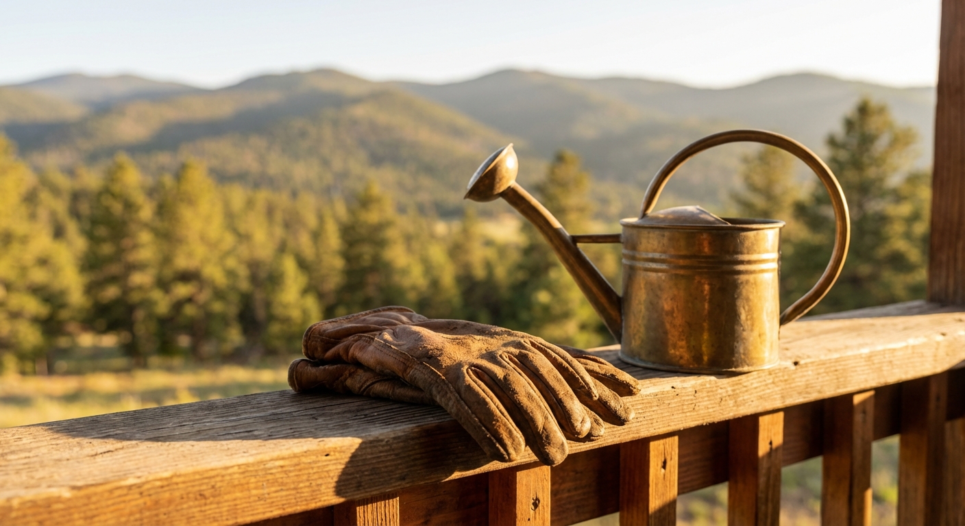 Gardening gloves and watering can on a Colorado porch