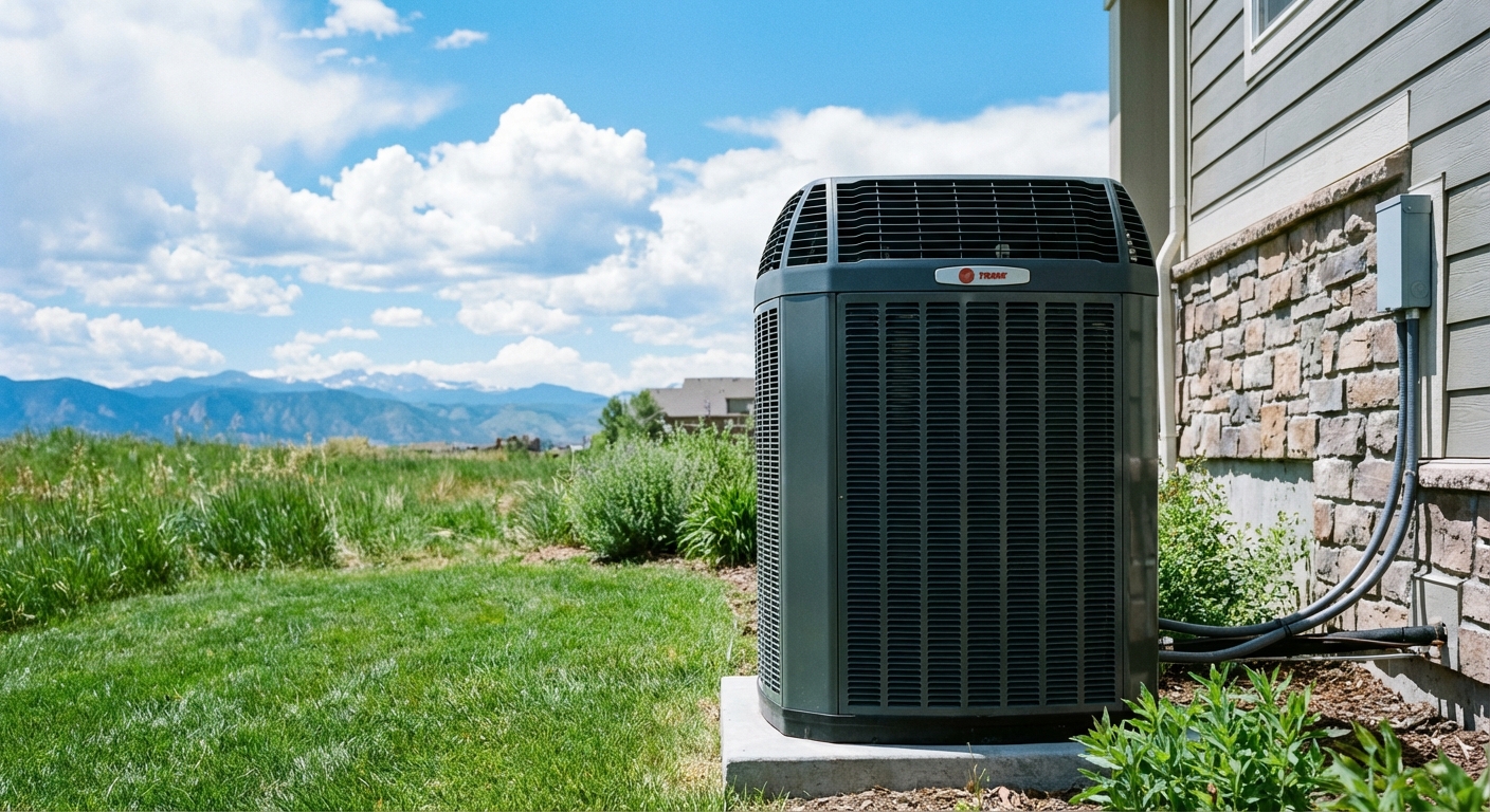 AC condenser unit with Colorado mountains